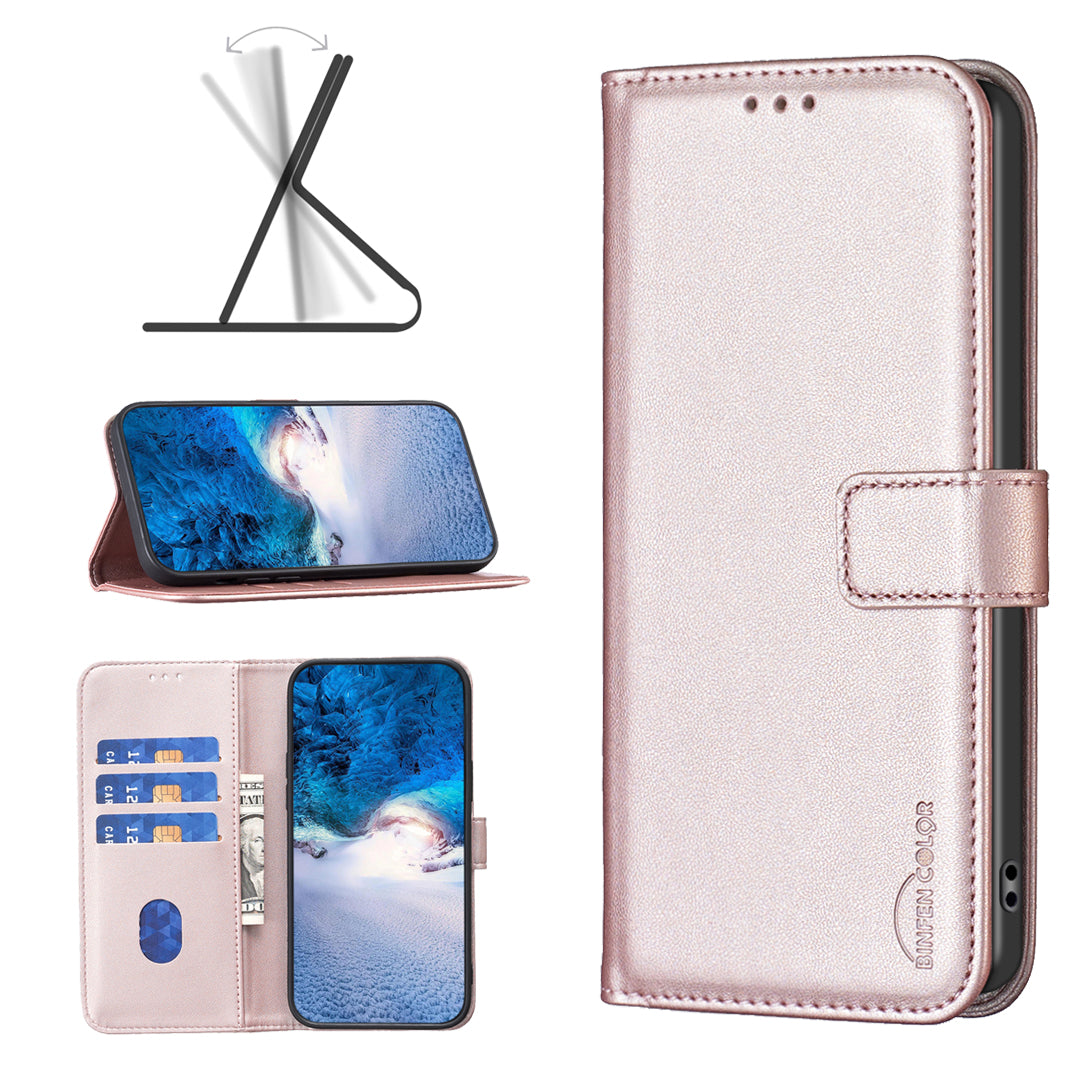 BINFEN COLOR BF17 For Motorola Moto G34 5G Wallet Case Leather Cover Full Protection - Rose Gold