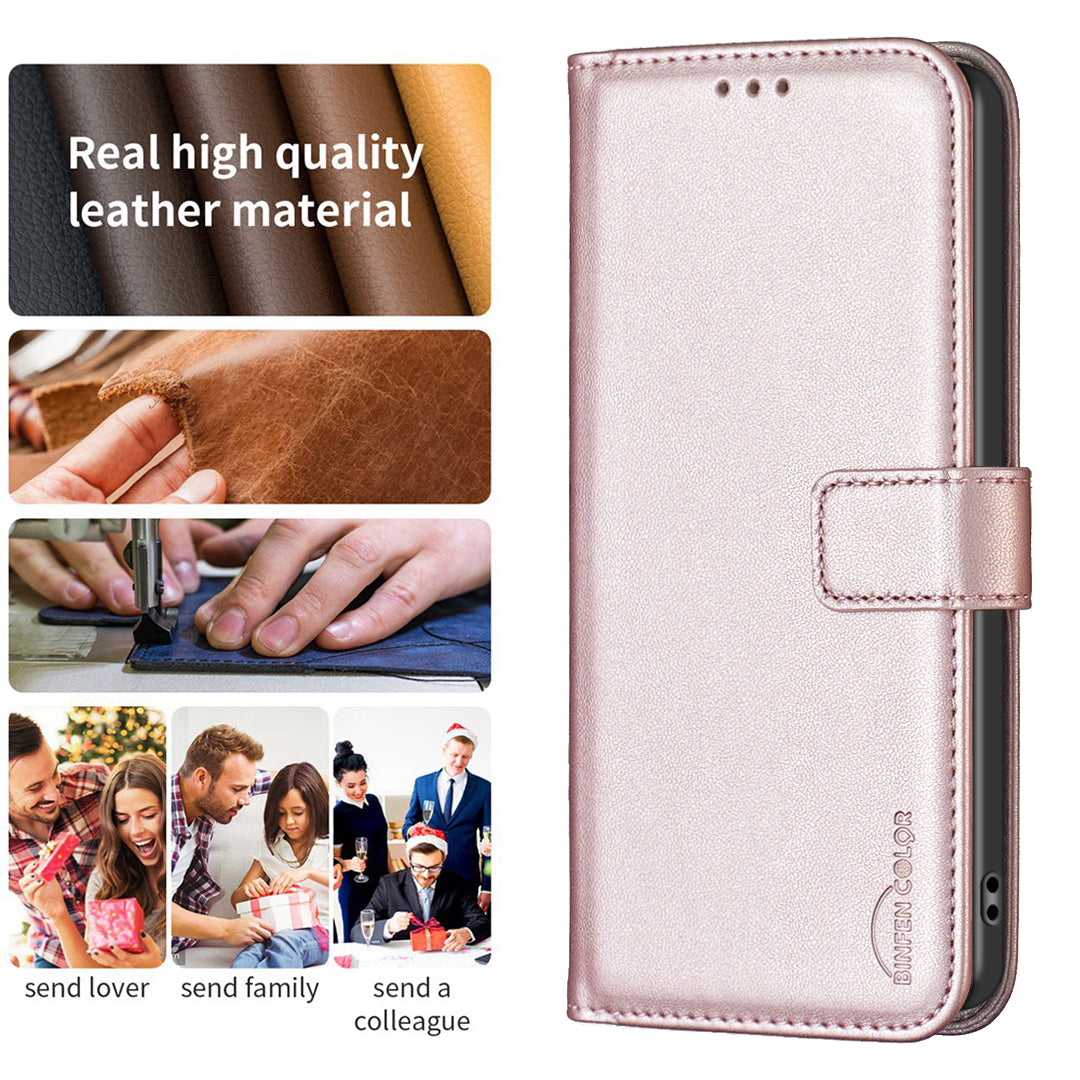 BINFEN COLOR BF17 For Motorola Moto G34 5G Wallet Case Leather Cover Full Protection - Rose Gold