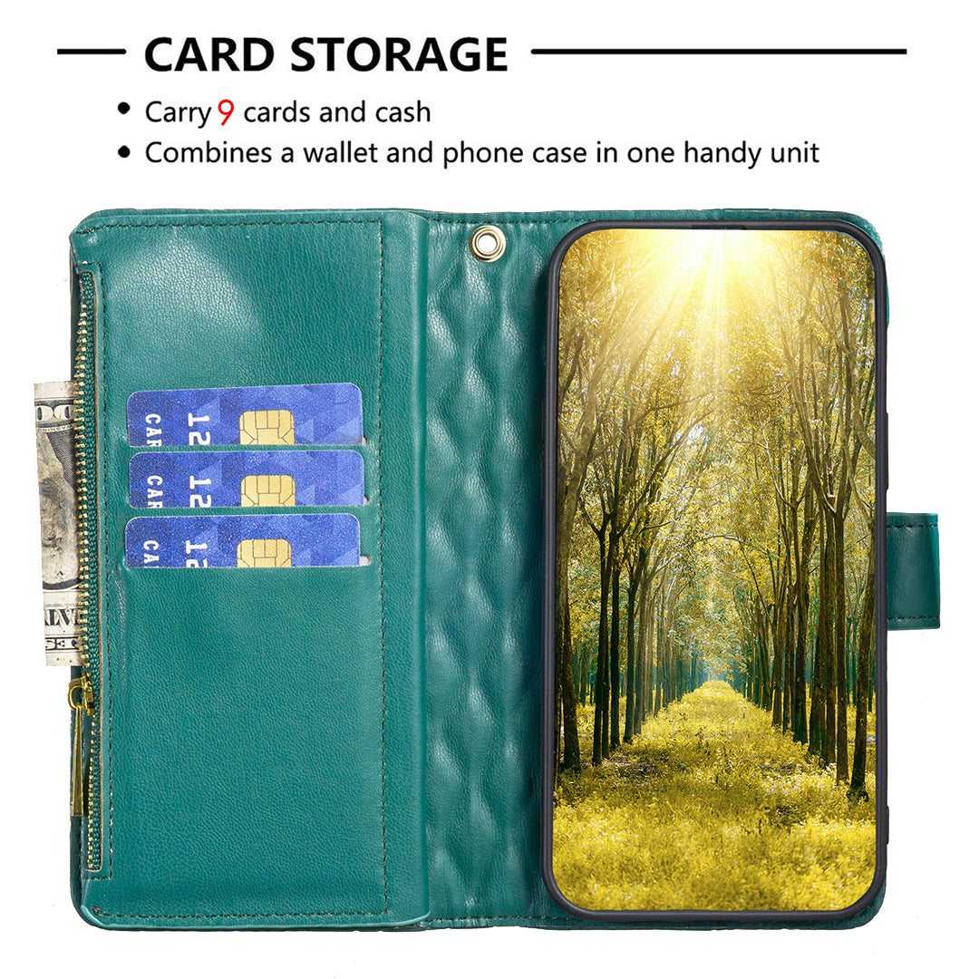 BINFEN COLOR BF Style-15 For Motorola Moto G34 5G Wallet Phone Case Grid Imprinted Cover Zipper Pocket - Green