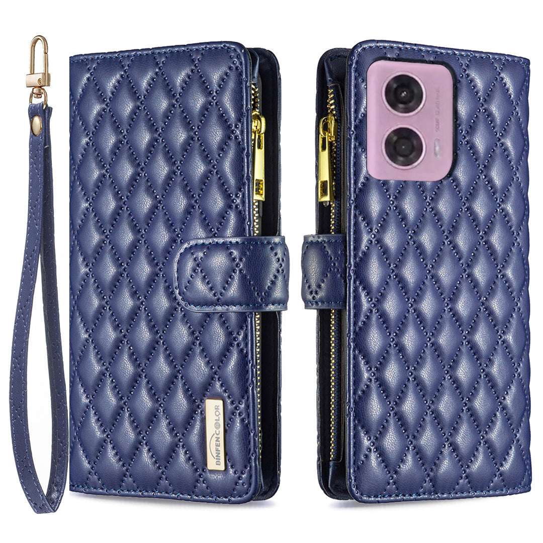 BINFEN COLOR BF Style-15 For Motorola Moto G34 5G Wallet Phone Case Grid Imprinted Cover Zipper Pocket - Green