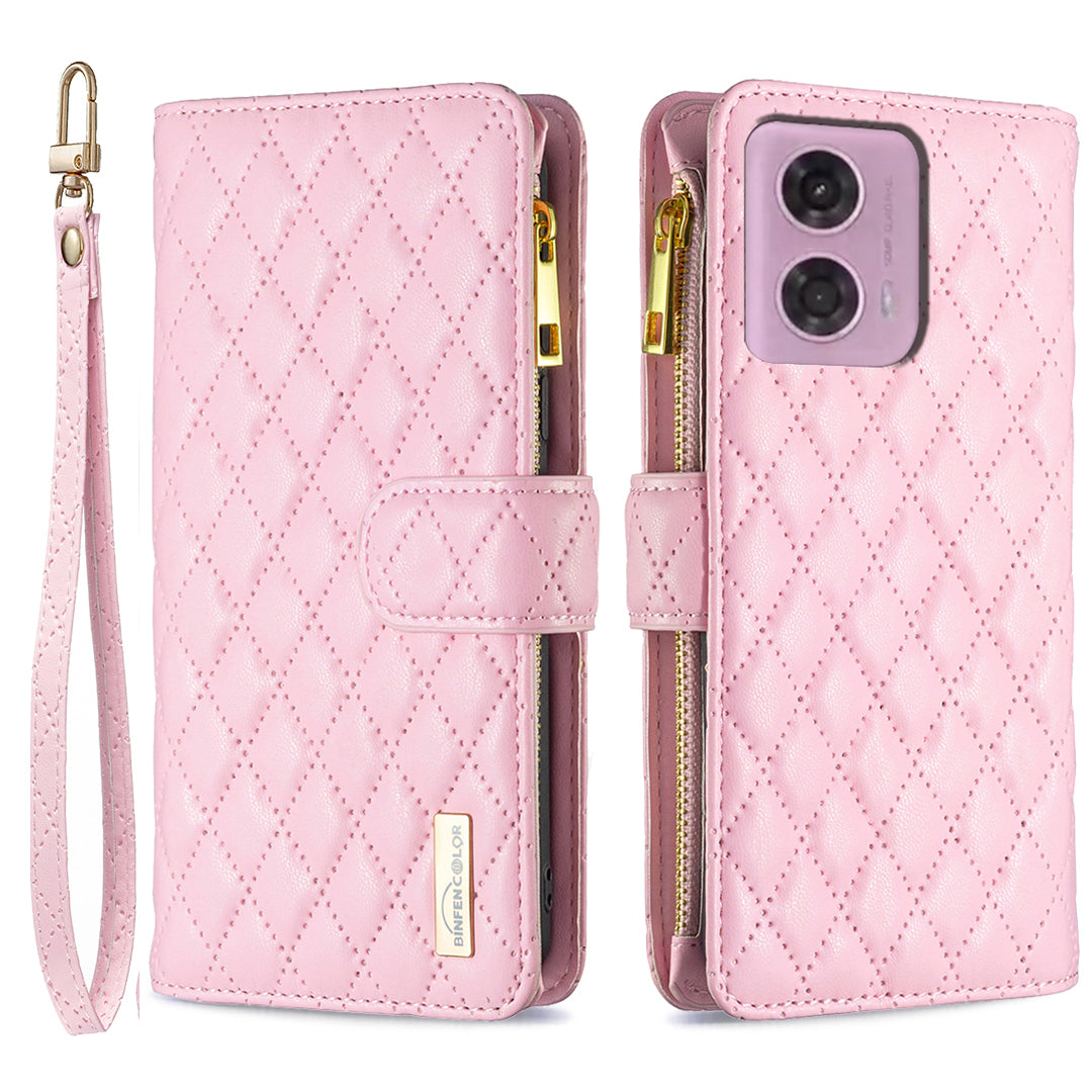 BINFEN COLOR BF Style-15 For Motorola Moto G34 5G Wallet Phone Case Grid Imprinted Cover Zipper Pocket - Green
