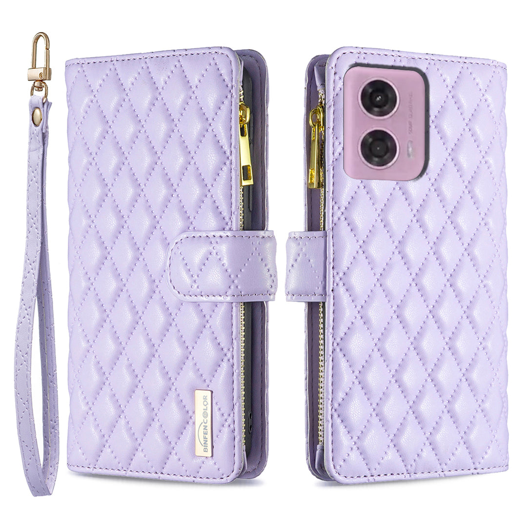 BINFEN COLOR BF Style-15 For Motorola Moto G34 5G Wallet Phone Case Grid Imprinted Cover Zipper Pocket - Green