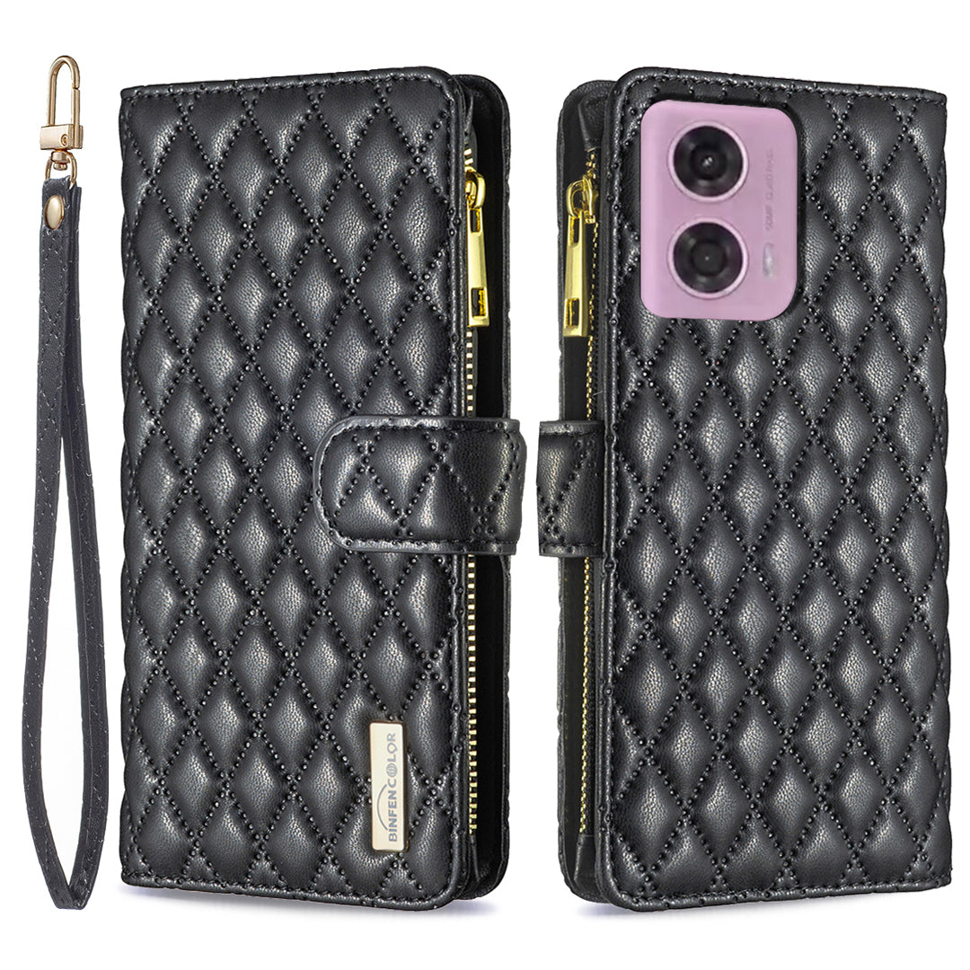BINFEN COLOR BF Style-15 For Motorola Moto G34 5G Wallet Phone Case Grid Imprinted Cover Zipper Pocket - Green