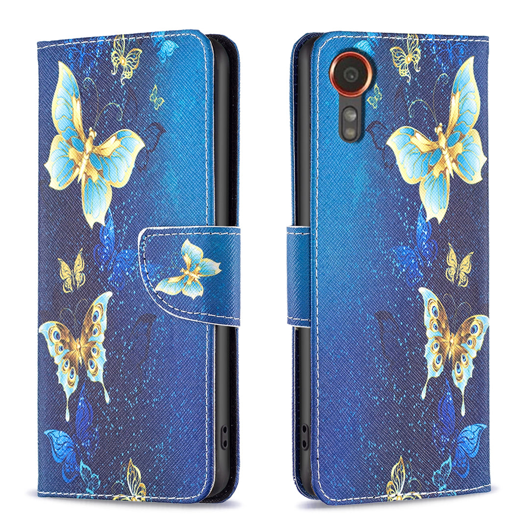 For Samsung Galaxy Xcover7 Wallet Phone Case Folio PU Leather Pattern Cover - Golden Butterflies
