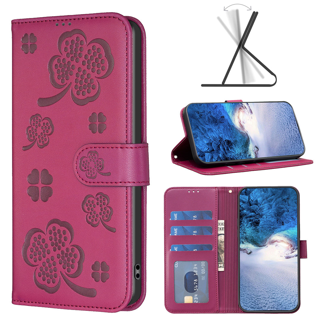 For Motorola Moto G24 4G / G04 4G Clover Pattern Leather Case Phone Wallet Stand - Rose