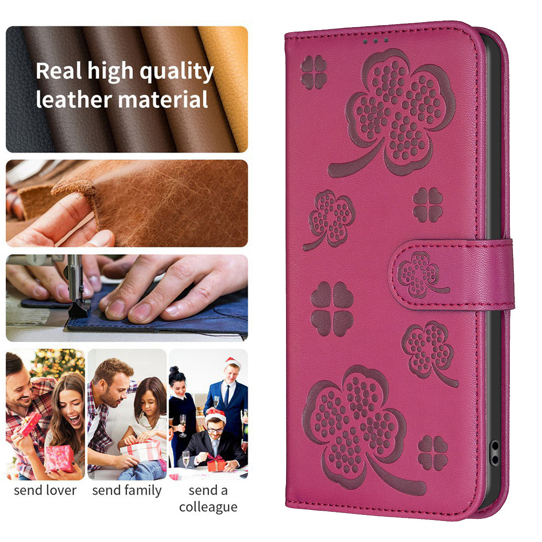 For Motorola Moto G24 4G / G04 4G Clover Pattern Leather Case Phone Wallet Stand - Rose