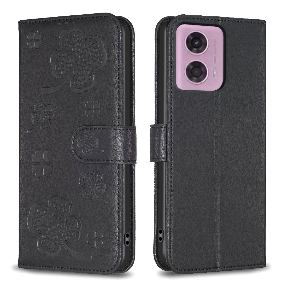 For Motorola Moto G24 4G / G04 4G Clover Pattern Leather Case Phone Wallet Stand - Rose