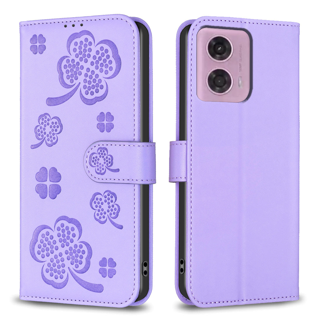 For Motorola Moto G24 4G / G04 4G Clover Pattern Leather Case Phone Wallet Stand - Rose