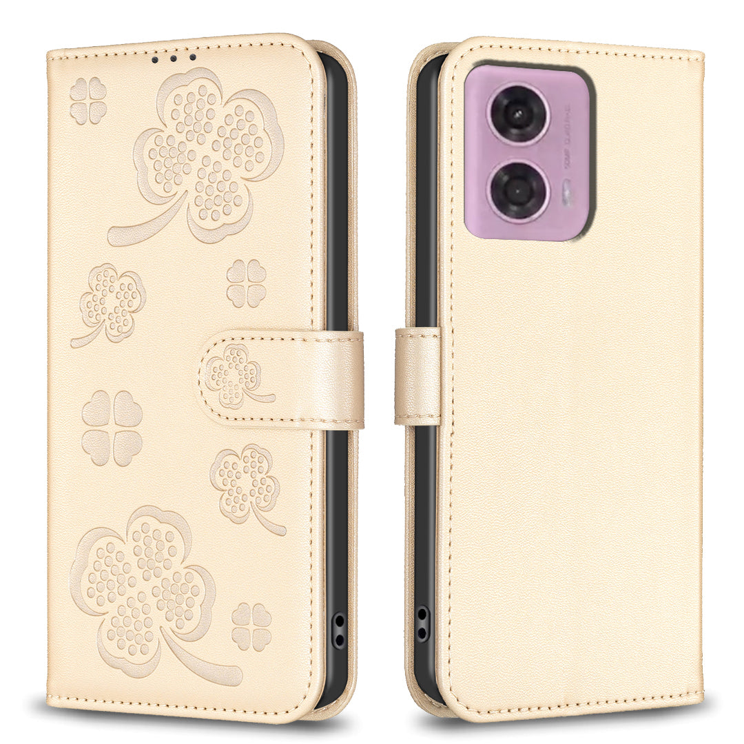 For Motorola Moto G24 4G / G04 4G Clover Pattern Leather Case Phone Wallet Stand - Rose