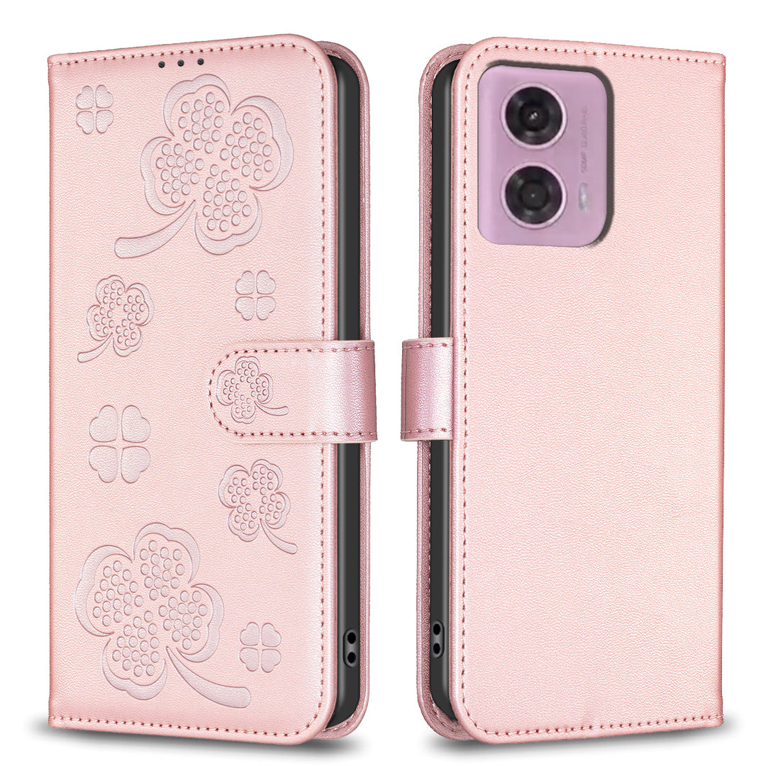 For Motorola Moto G24 4G / G04 4G Clover Pattern Leather Case Phone Wallet Stand - Rose