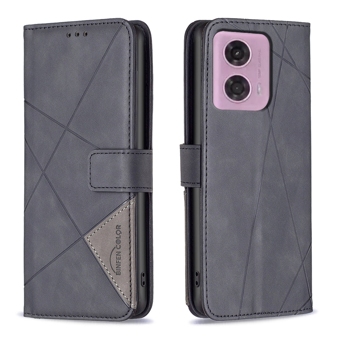 BINFEN COLOR BF05 For Motorola Moto G24 4G / G04 4G Leather Wallet Case Imprinted Geometric Line - Black