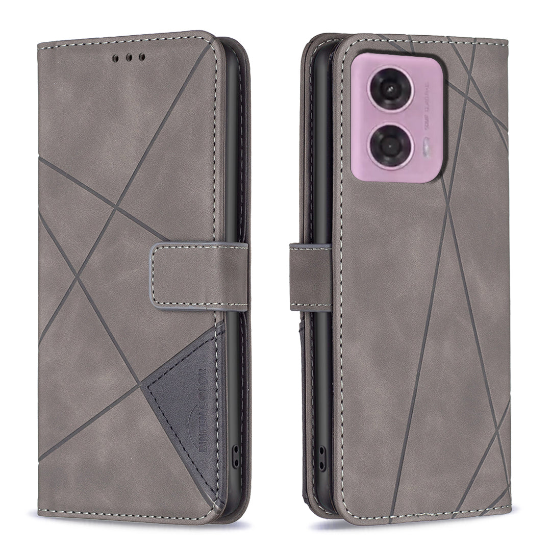 BINFEN COLOR BF05 For Motorola Moto G24 4G / G04 4G Leather Wallet Case Imprinted Geometric Line - Black