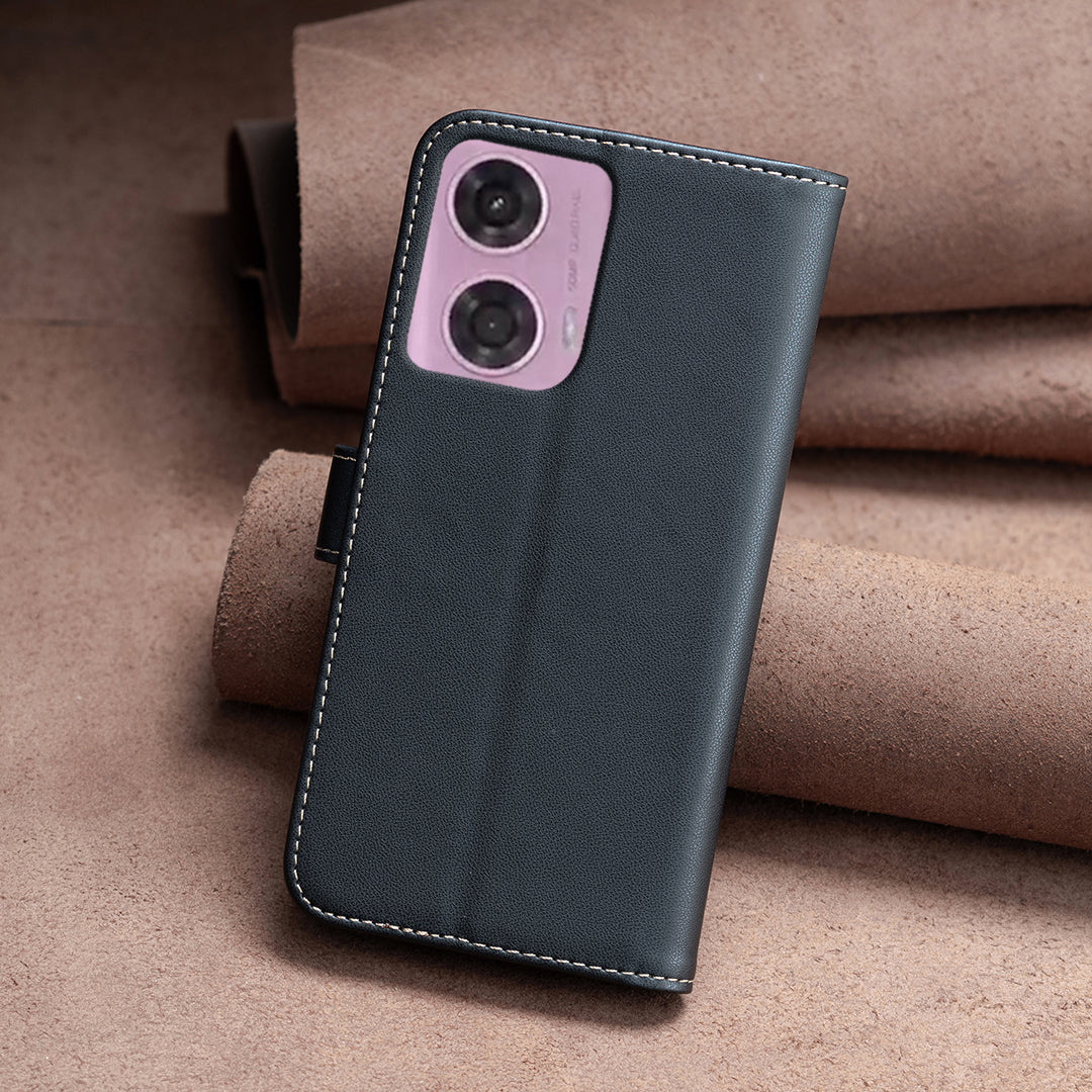 BINFEN COLOR BF17 For Motorola Moto G24 4G / G04 4G Leather Case Drop-proof Phone Cover - Black