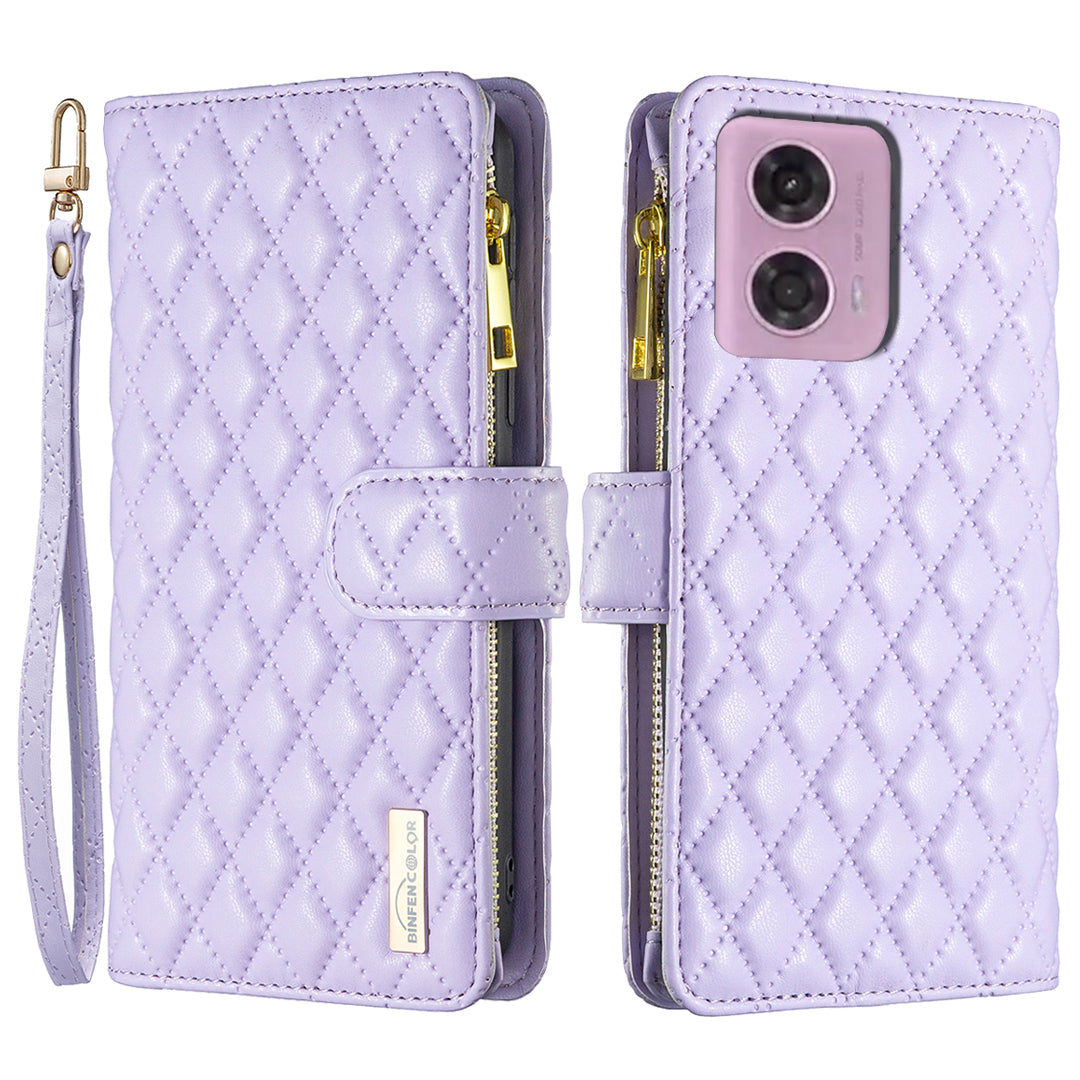 BINFEN COLOR BF Style-15 For Motorola Moto G24 4G / G04 4G PU Leather Phone Case Magnetic Closure Zipper Pocket - Black