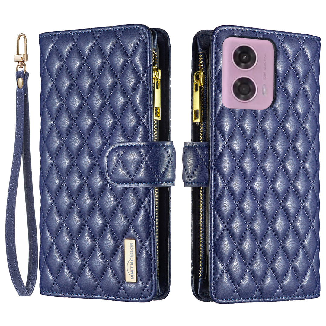 BINFEN COLOR BF Style-15 For Motorola Moto G24 4G / G04 4G PU Leather Phone Case Magnetic Closure Zipper Pocket - Black