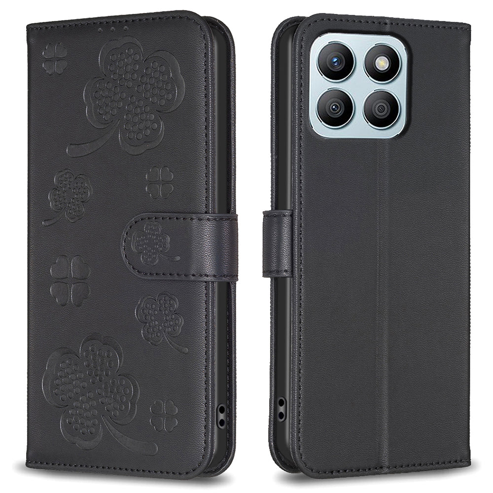 For Honor X8b 4G Leather Case Wallet Phone Cover Imprinted Clover Pattern - Black