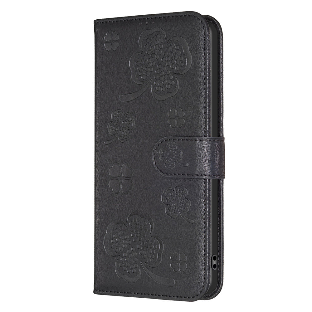 For Honor X8b 4G Leather Case Wallet Phone Cover Imprinted Clover Pattern - Black