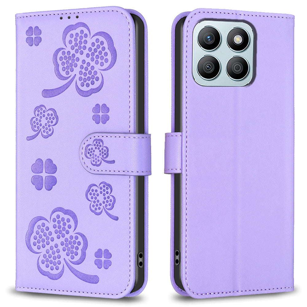 For Honor X8b 4G Leather Case Wallet Phone Cover Imprinted Clover Pattern - Black