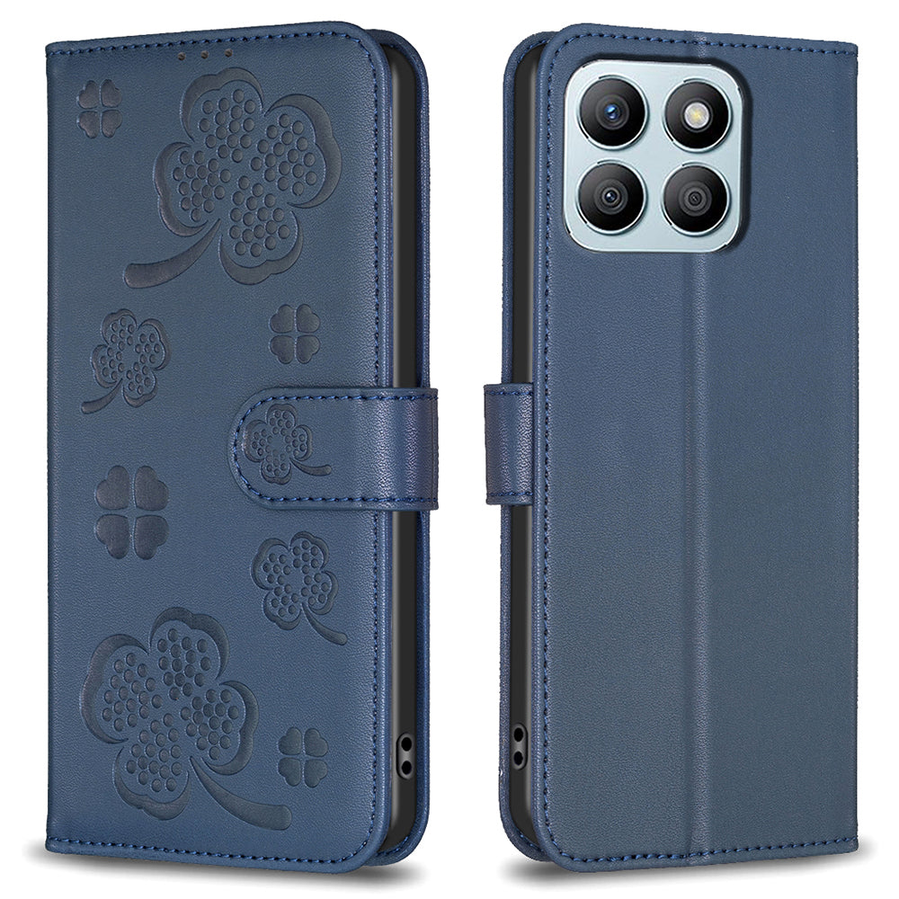 For Honor X8b 4G Leather Case Wallet Phone Cover Imprinted Clover Pattern - Black