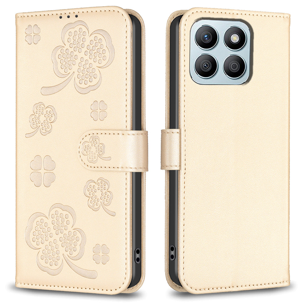 For Honor X8b 4G Leather Case Wallet Phone Cover Imprinted Clover Pattern - Black