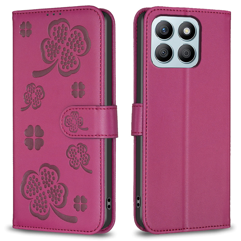 For Honor X8b 4G Leather Case Wallet Phone Cover Imprinted Clover Pattern - Black