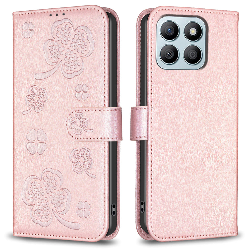 For Honor X8b 4G Leather Case Wallet Phone Cover Imprinted Clover Pattern - Black