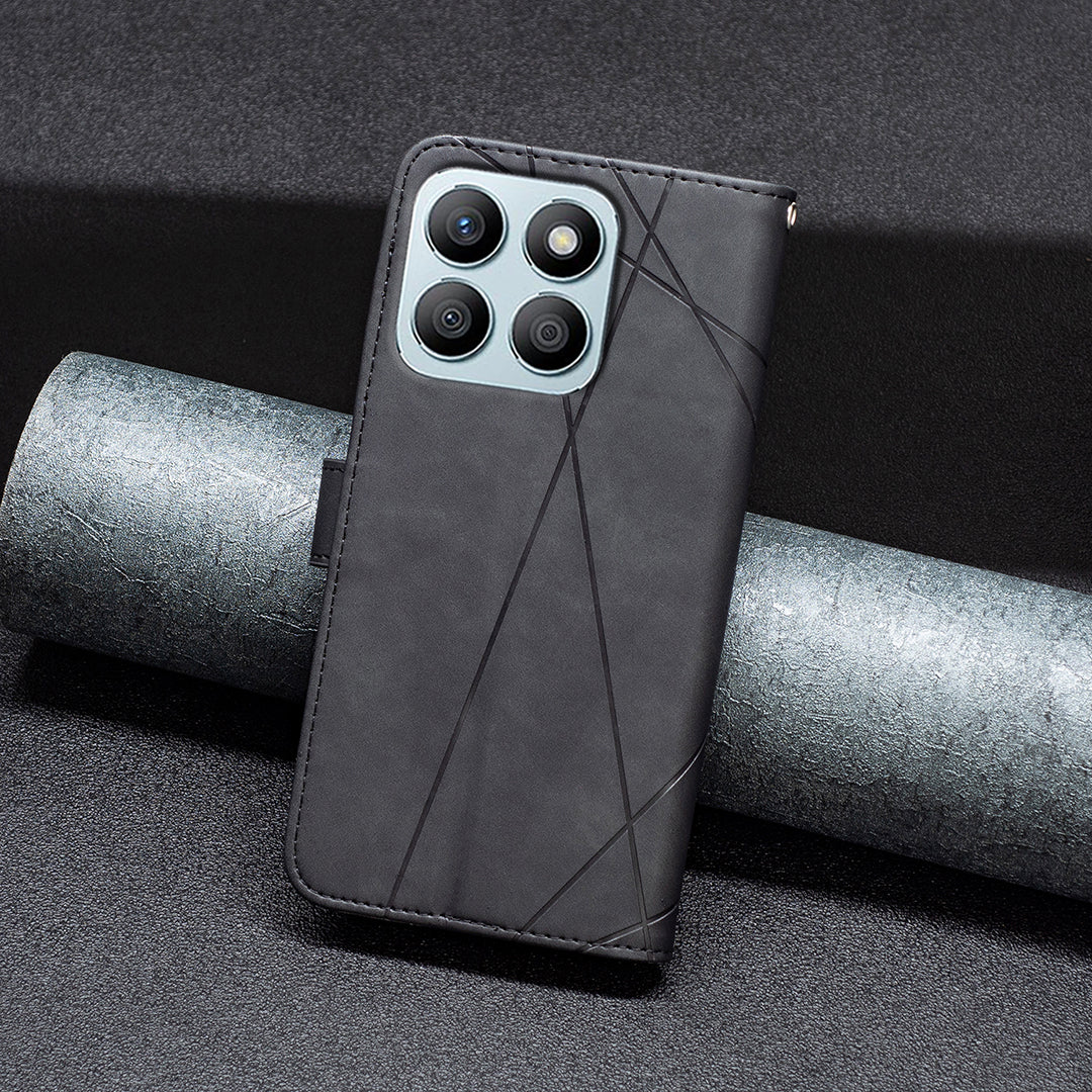 BINFEN COLOR BF05 For Honor X8b 4G Wallet Phone Case Imprinted Geometric Line - Black