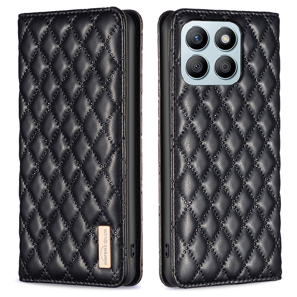 BINFEN COLOR BF Style-16 For Honor X8b 4G Case Stand Magnetic PU Leather Rhombus Grid Phone Cover - Black