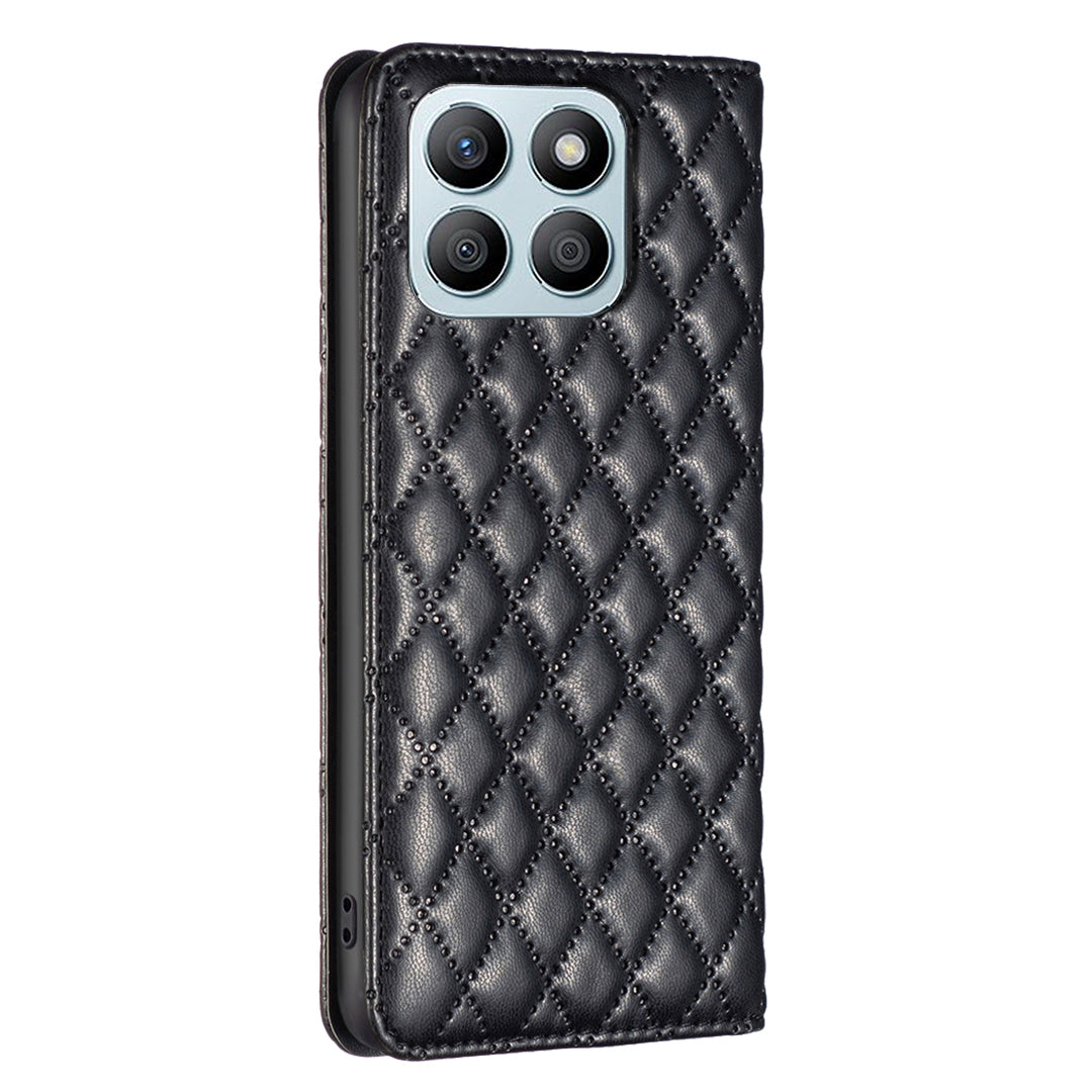 BINFEN COLOR BF Style-16 For Honor X8b 4G Case Stand Magnetic PU Leather Rhombus Grid Phone Cover - Black