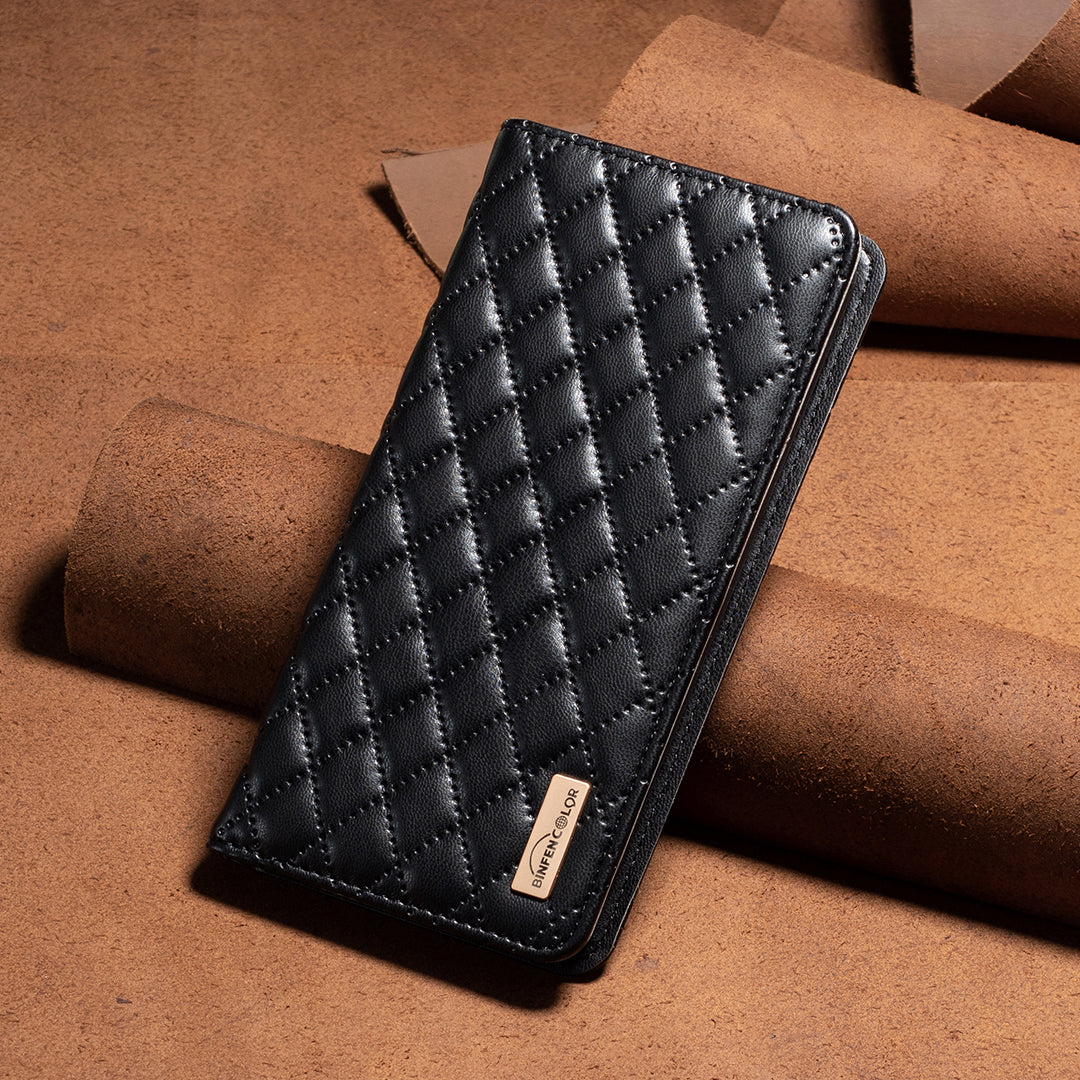 BINFEN COLOR BF Style-16 For Honor X8b 4G Case Stand Magnetic PU Leather Rhombus Grid Phone Cover - Black