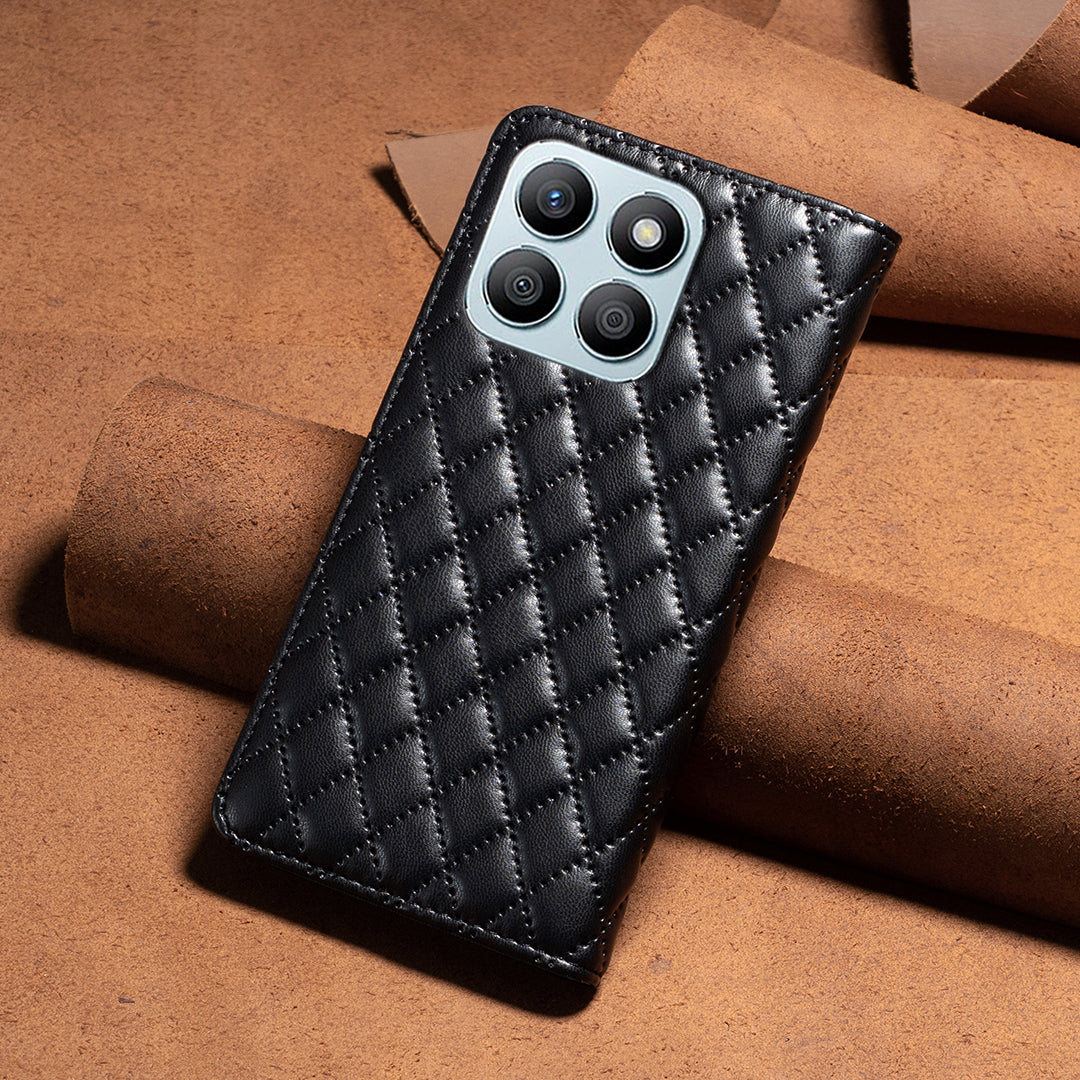 BINFEN COLOR BF Style-16 For Honor X8b 4G Case Stand Magnetic PU Leather Rhombus Grid Phone Cover - Black