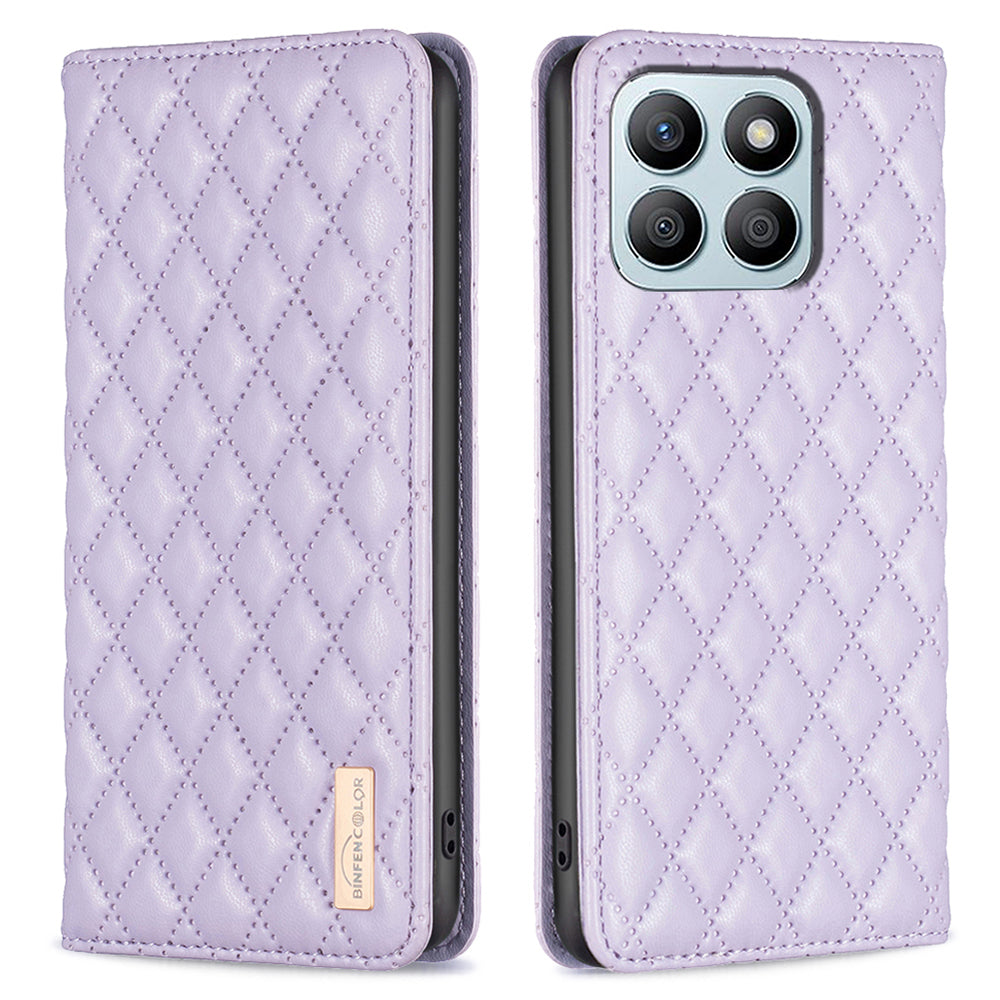 BINFEN COLOR BF Style-16 For Honor X8b 4G Case Stand Magnetic PU Leather Rhombus Grid Phone Cover - Black