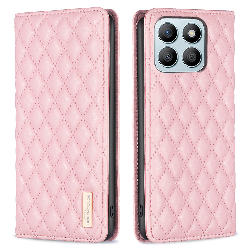 BINFEN COLOR BF Style-16 For Honor X8b 4G Case Stand Magnetic PU Leather Rhombus Grid Phone Cover - Black