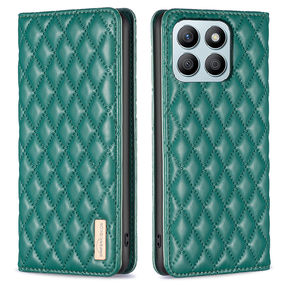 BINFEN COLOR BF Style-16 For Honor X8b 4G Case Stand Magnetic PU Leather Rhombus Grid Phone Cover - Black