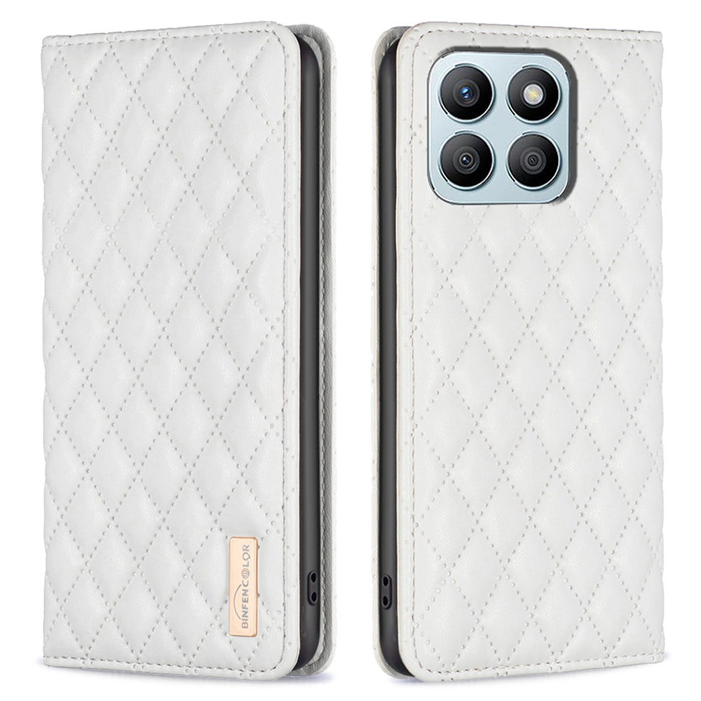 BINFEN COLOR BF Style-16 For Honor X8b 4G Case Stand Magnetic PU Leather Rhombus Grid Phone Cover - Black