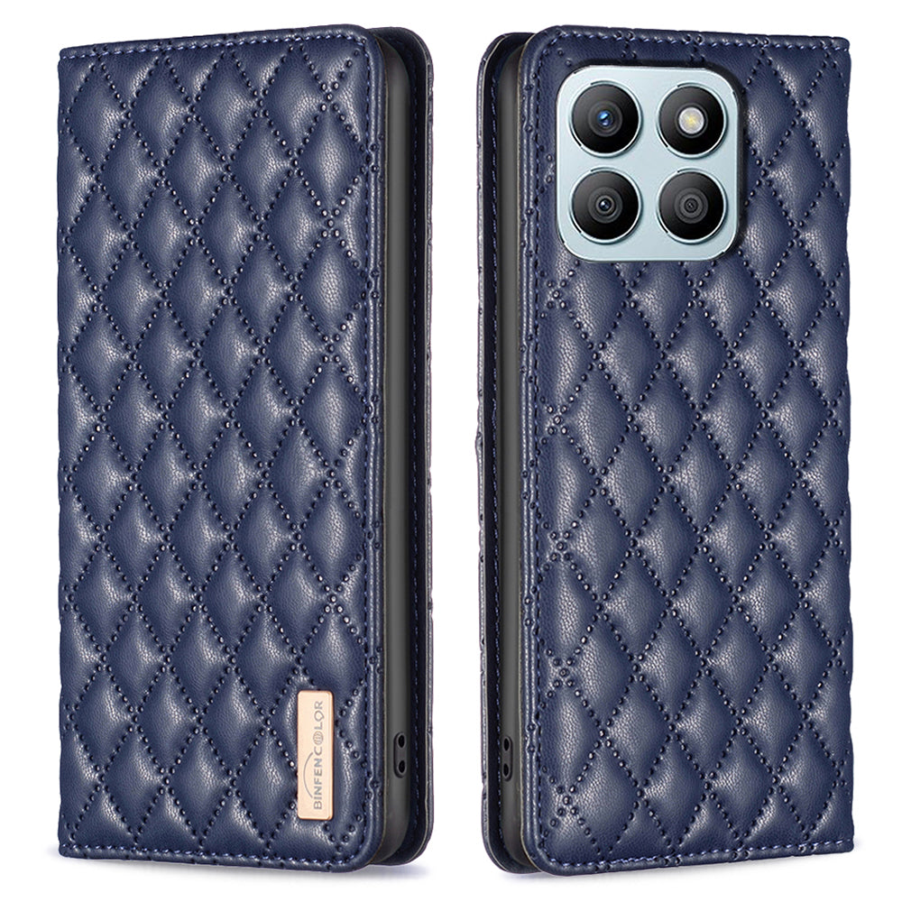 BINFEN COLOR BF Style-16 For Honor X8b 4G Case Stand Magnetic PU Leather Rhombus Grid Phone Cover - Black