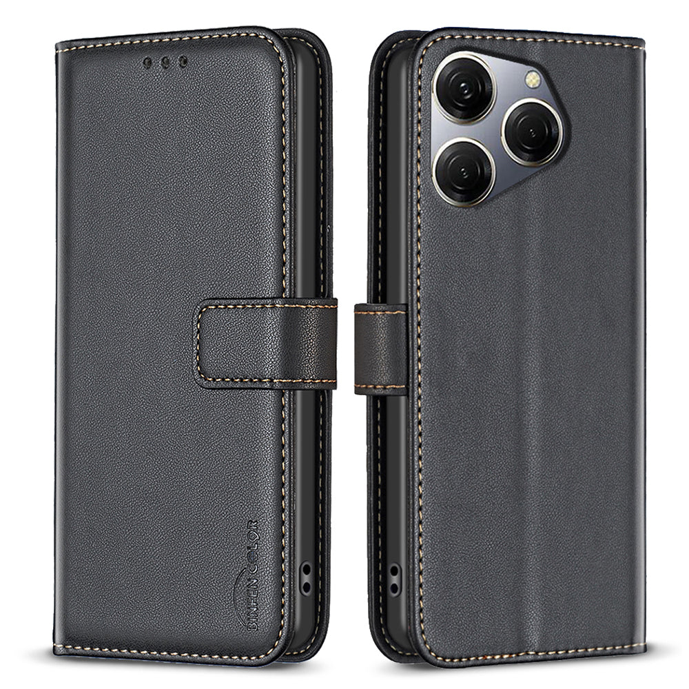 BINFEN COLOR BF17 For Transsion Tecno Spark 20 Pro PU Leather Case Phone Wallet Cover - Black