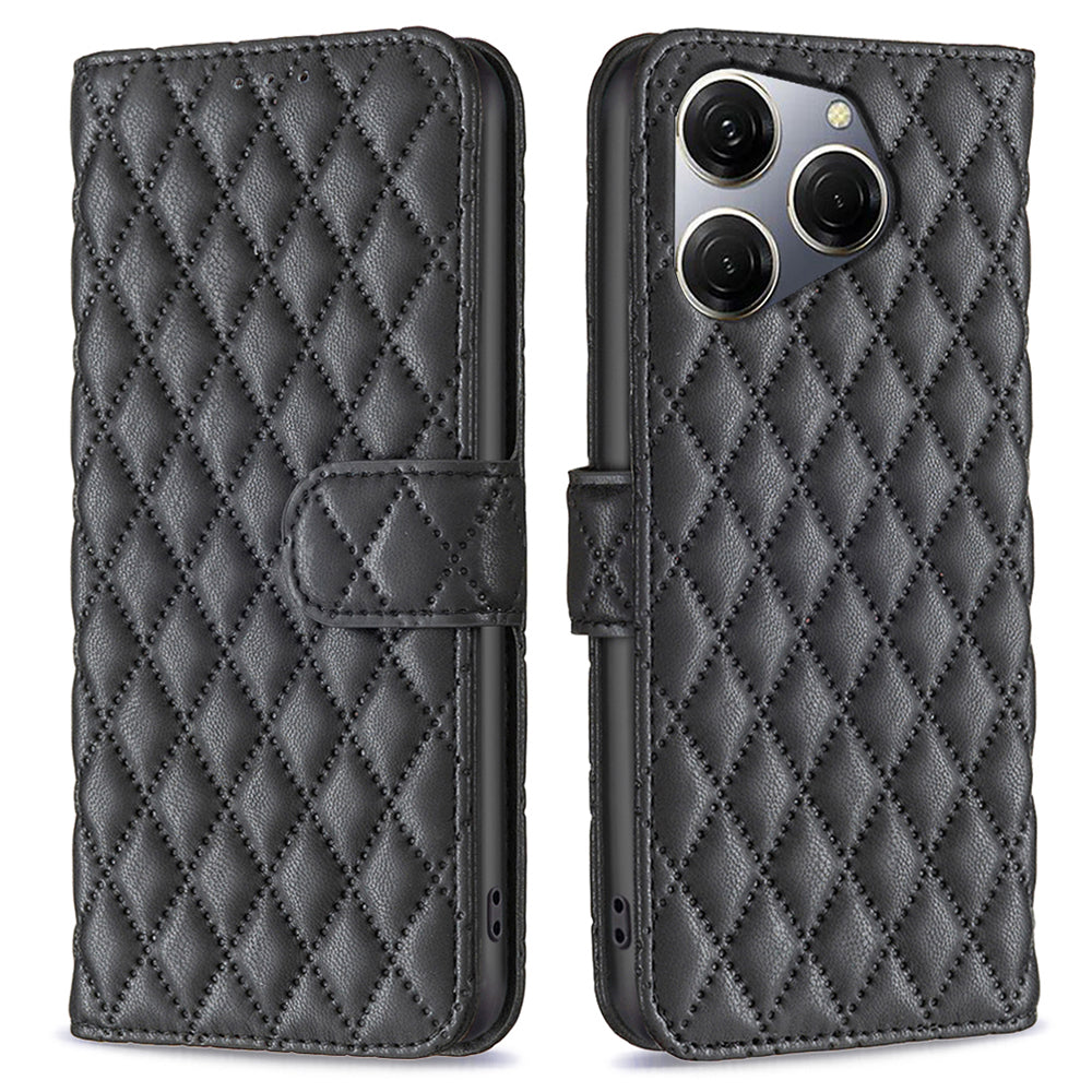 BINFEN COLOR BF Style-14 For Transsion Tecno Spark 20 Pro Leather Wallet Case Rhombus Grid Pattern - Black