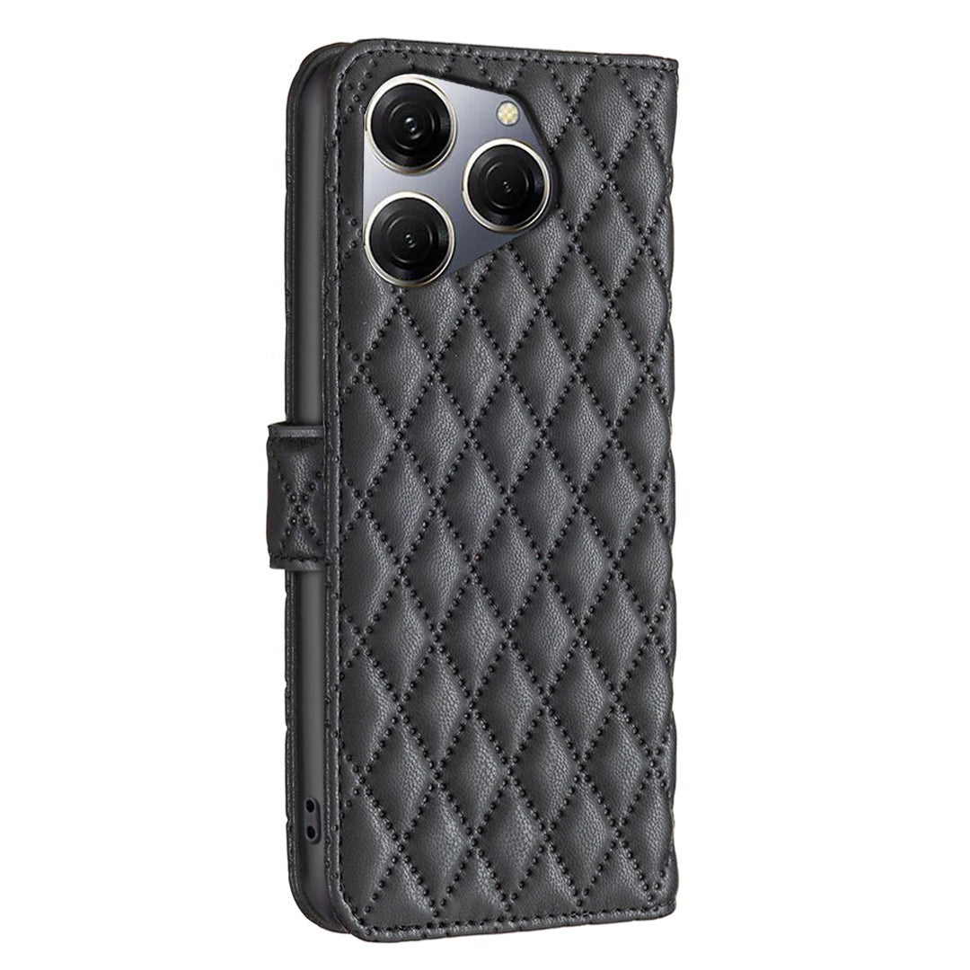 BINFEN COLOR BF Style-14 For Transsion Tecno Spark 20 Pro Leather Wallet Case Rhombus Grid Pattern - Black