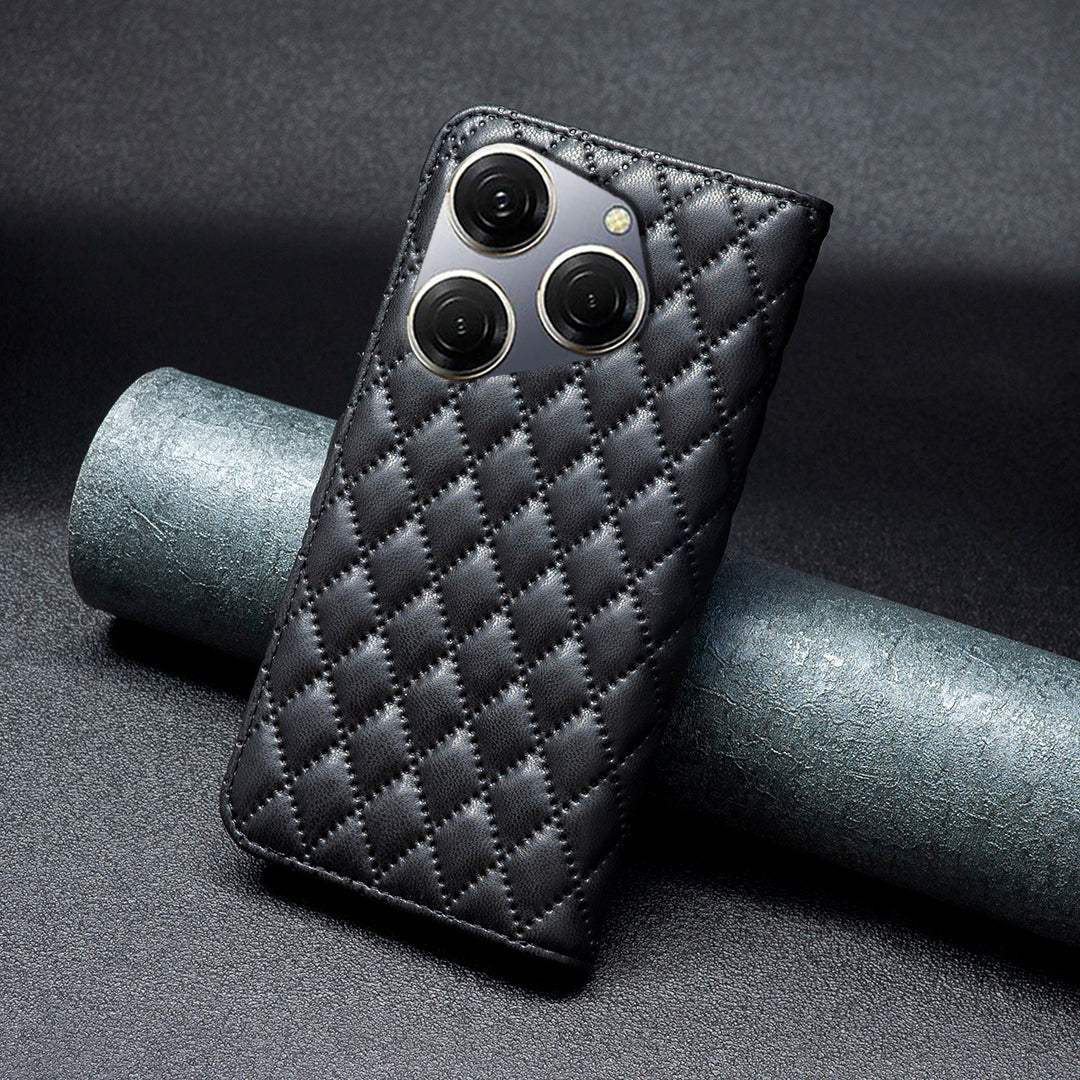 BINFEN COLOR BF Style-14 For Transsion Tecno Spark 20 Pro Leather Wallet Case Rhombus Grid Pattern - Black
