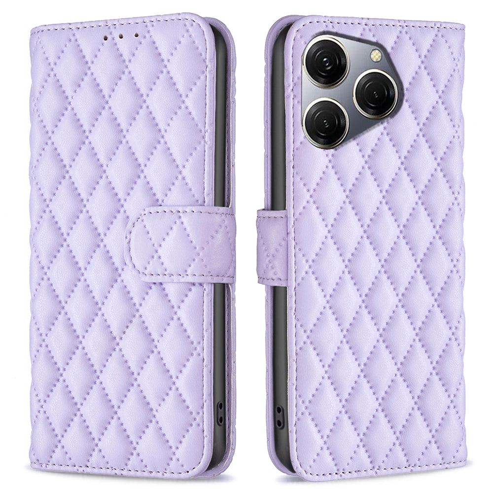 BINFEN COLOR BF Style-14 For Transsion Tecno Spark 20 Pro Leather Wallet Case Rhombus Grid Pattern - Black