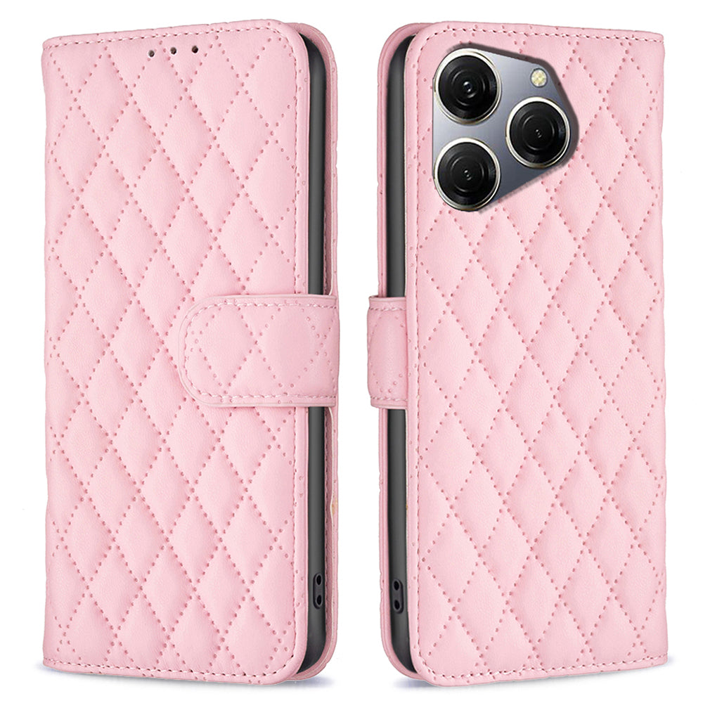 BINFEN COLOR BF Style-14 For Transsion Tecno Spark 20 Pro Leather Wallet Case Rhombus Grid Pattern - Black