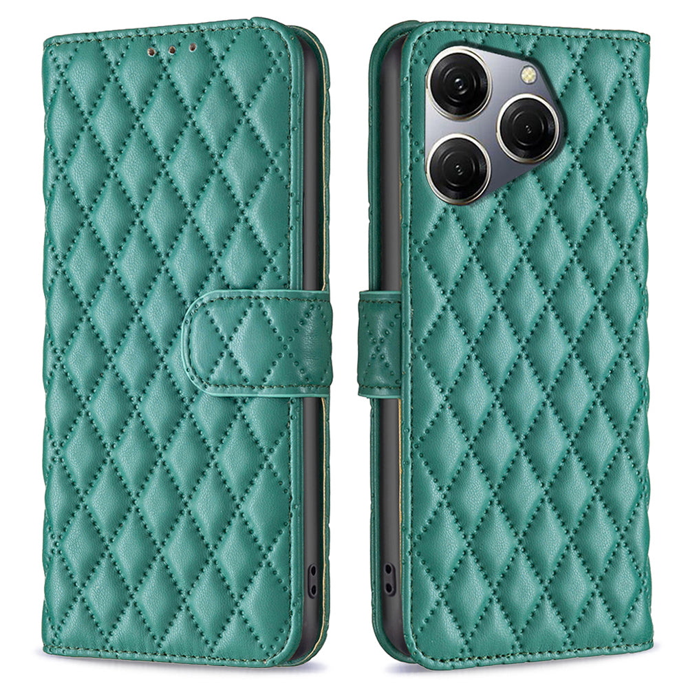 BINFEN COLOR BF Style-14 For Transsion Tecno Spark 20 Pro Leather Wallet Case Rhombus Grid Pattern - Black