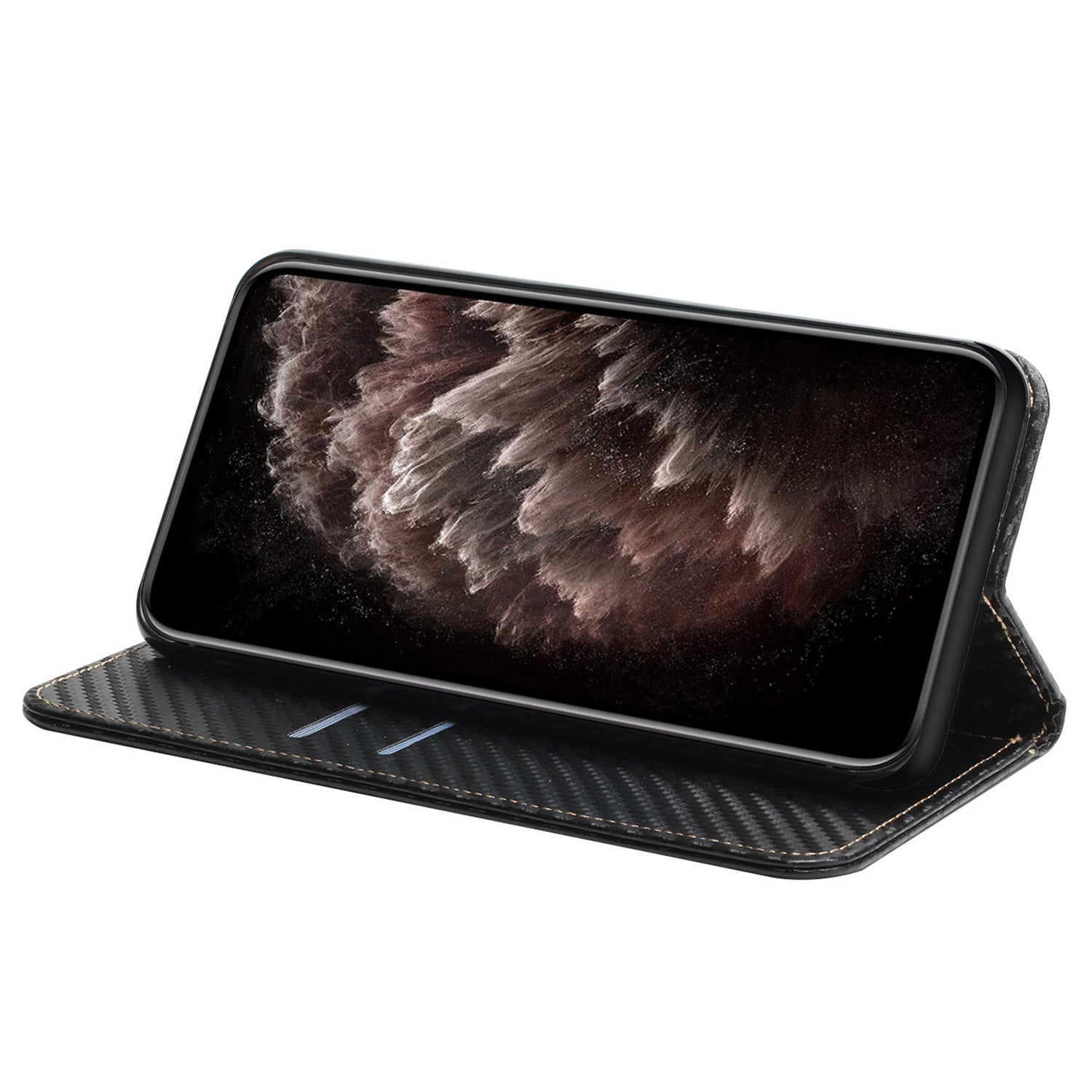 For Samsung Galaxy A35 5G Leather Case Carbon Fiber Texture Phone Stand Cover - Black