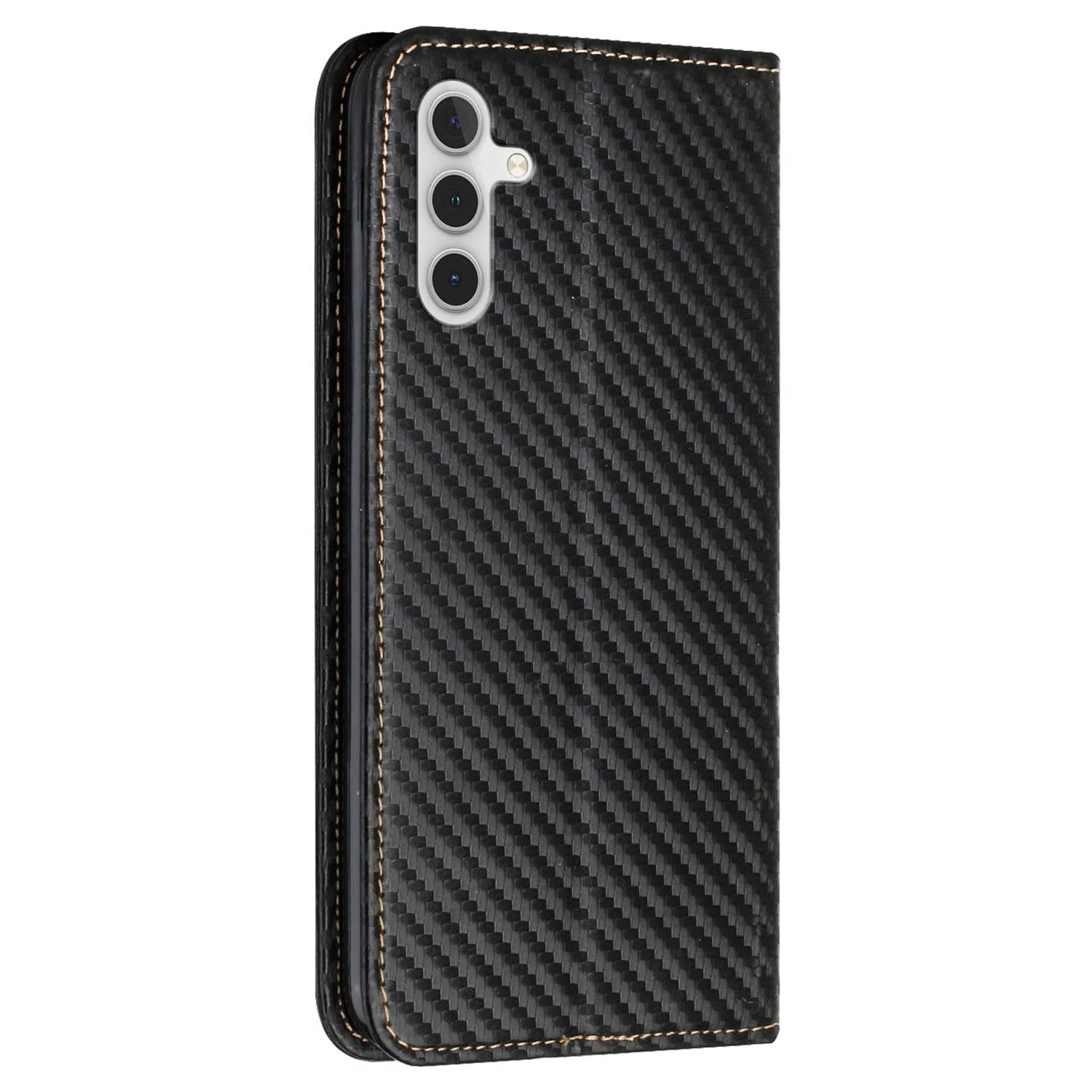 For Samsung Galaxy A35 5G Leather Case Carbon Fiber Texture Phone Stand Cover - Black