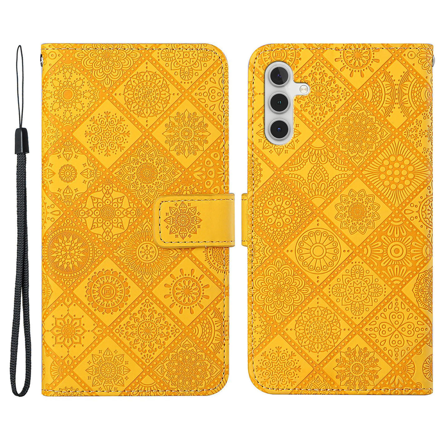 For Samsung Galaxy A55 5G Case PU Leather+TPU Ethnic Style Phone Wallet Cover - Yellow