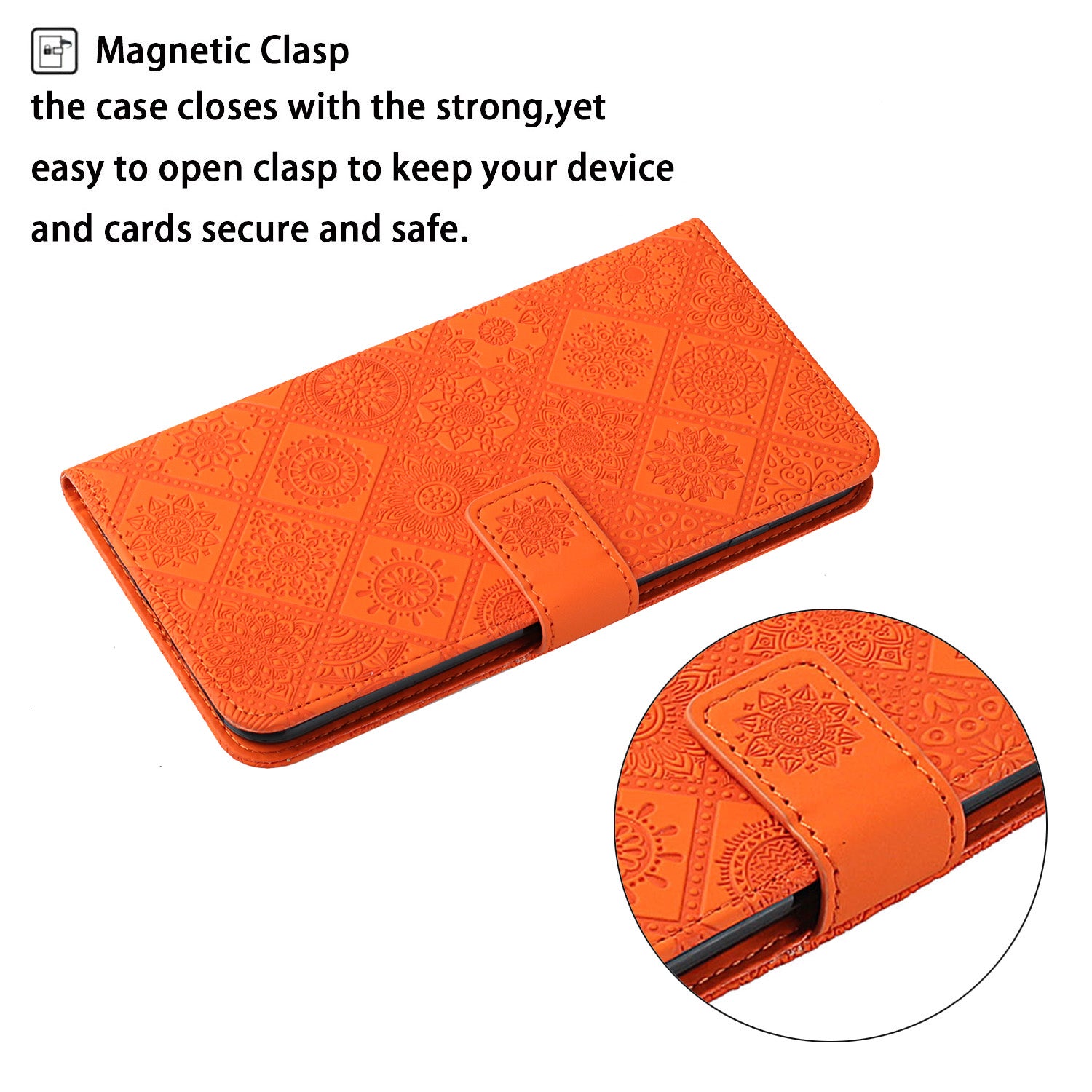 For Samsung Galaxy A35 5G Cell Phone Case Imprinted Ethnic Flower Leather Wallet Stand Cover - Orange