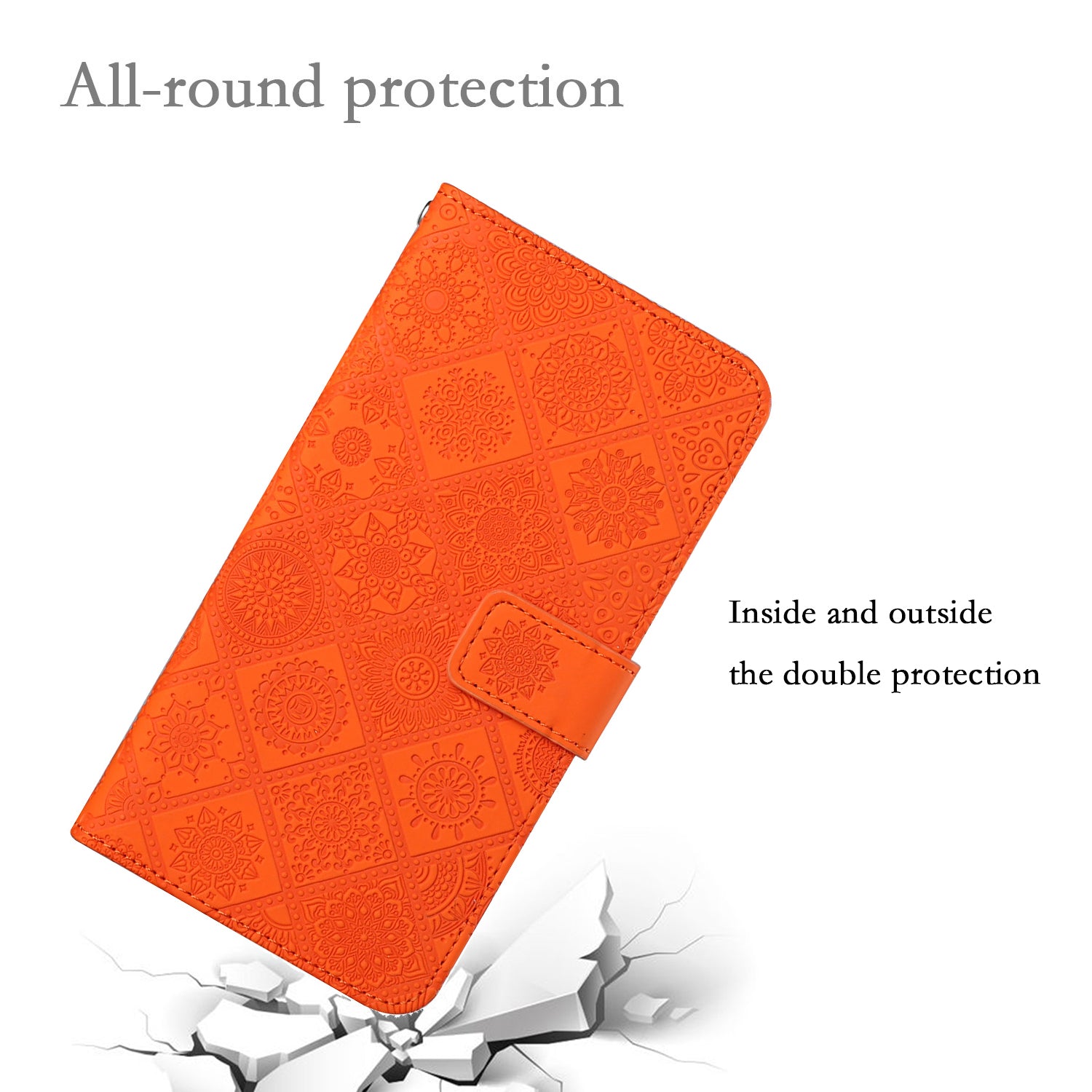 For Samsung Galaxy A35 5G Cell Phone Case Imprinted Ethnic Flower Leather Wallet Stand Cover - Orange