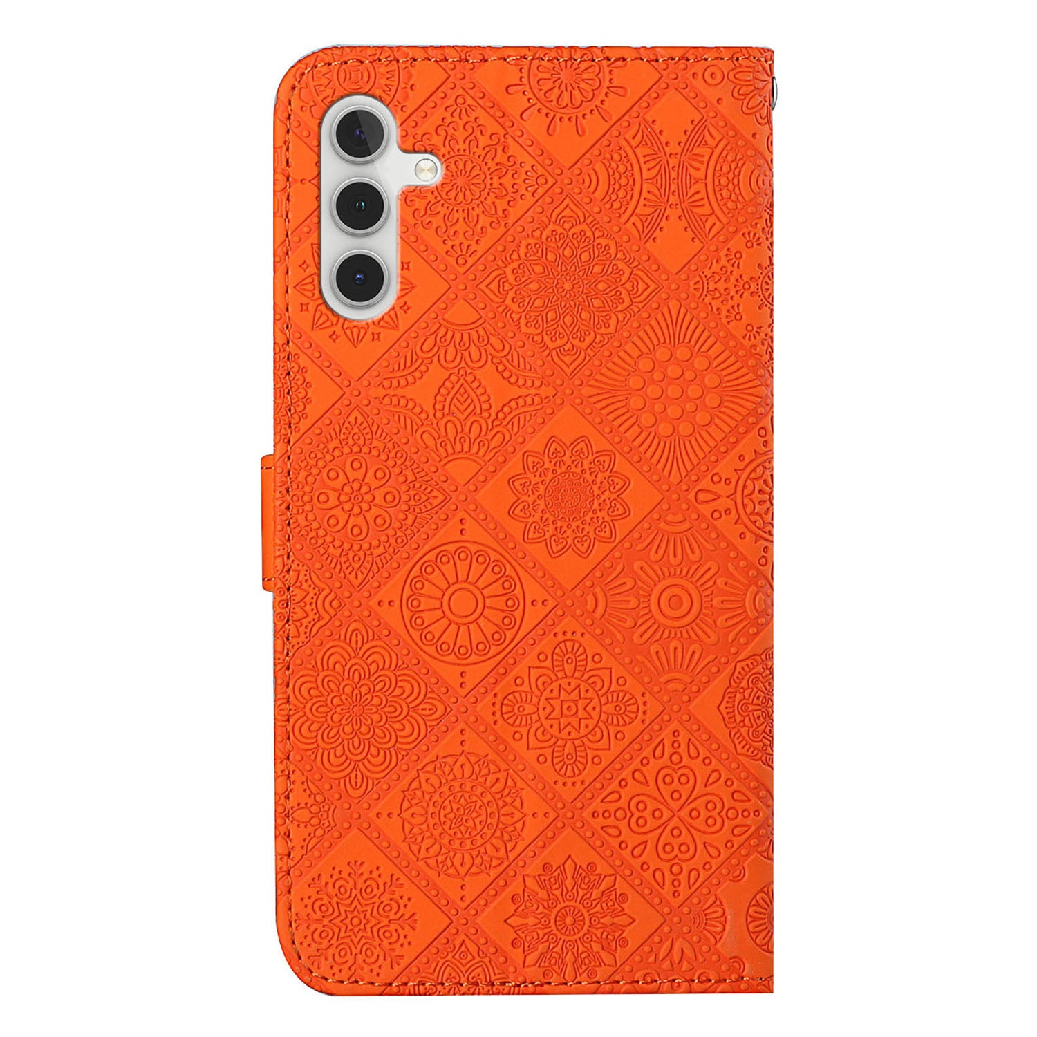 For Samsung Galaxy A35 5G Cell Phone Case Imprinted Ethnic Flower Leather Wallet Stand Cover - Orange