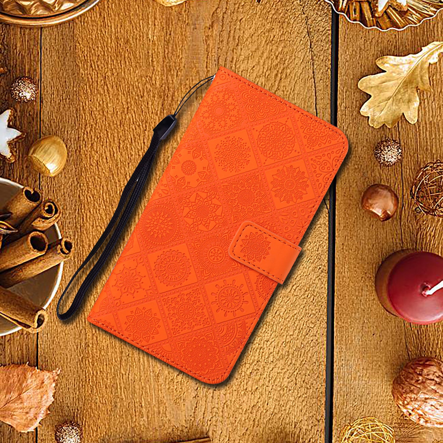 For Samsung Galaxy A35 5G Cell Phone Case Imprinted Ethnic Flower Leather Wallet Stand Cover - Orange